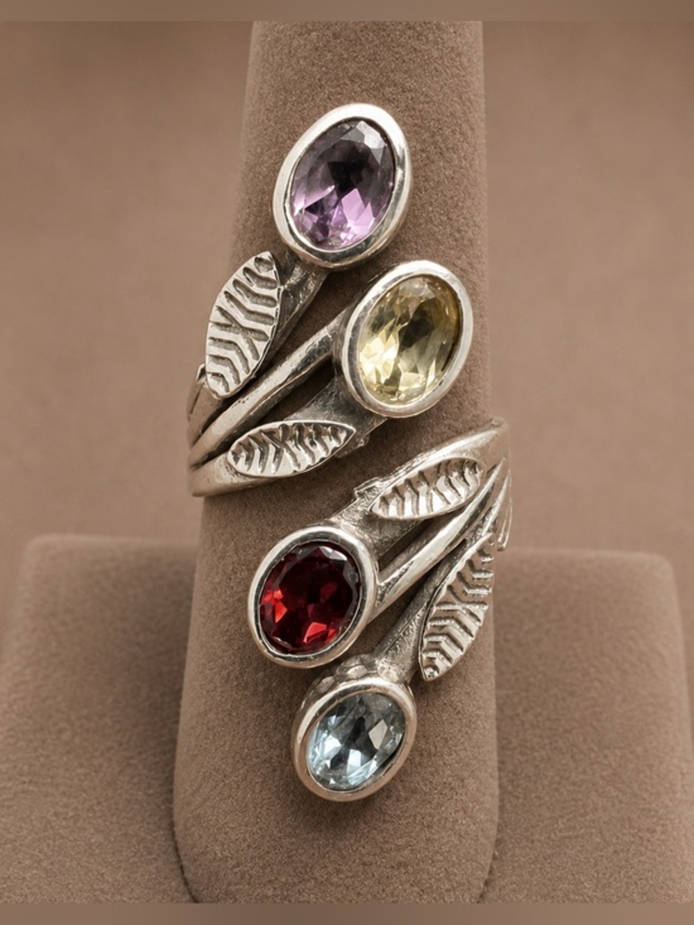 Artisan Natural Multi-Gem Leaf Bypass Ring | Adjustable Size 7 NWOT #433